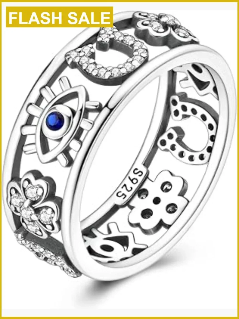 925 Sterling Silver Lucky Ring Horseshoe Four Leaf Clover Evil Eye Band Ring 6-9